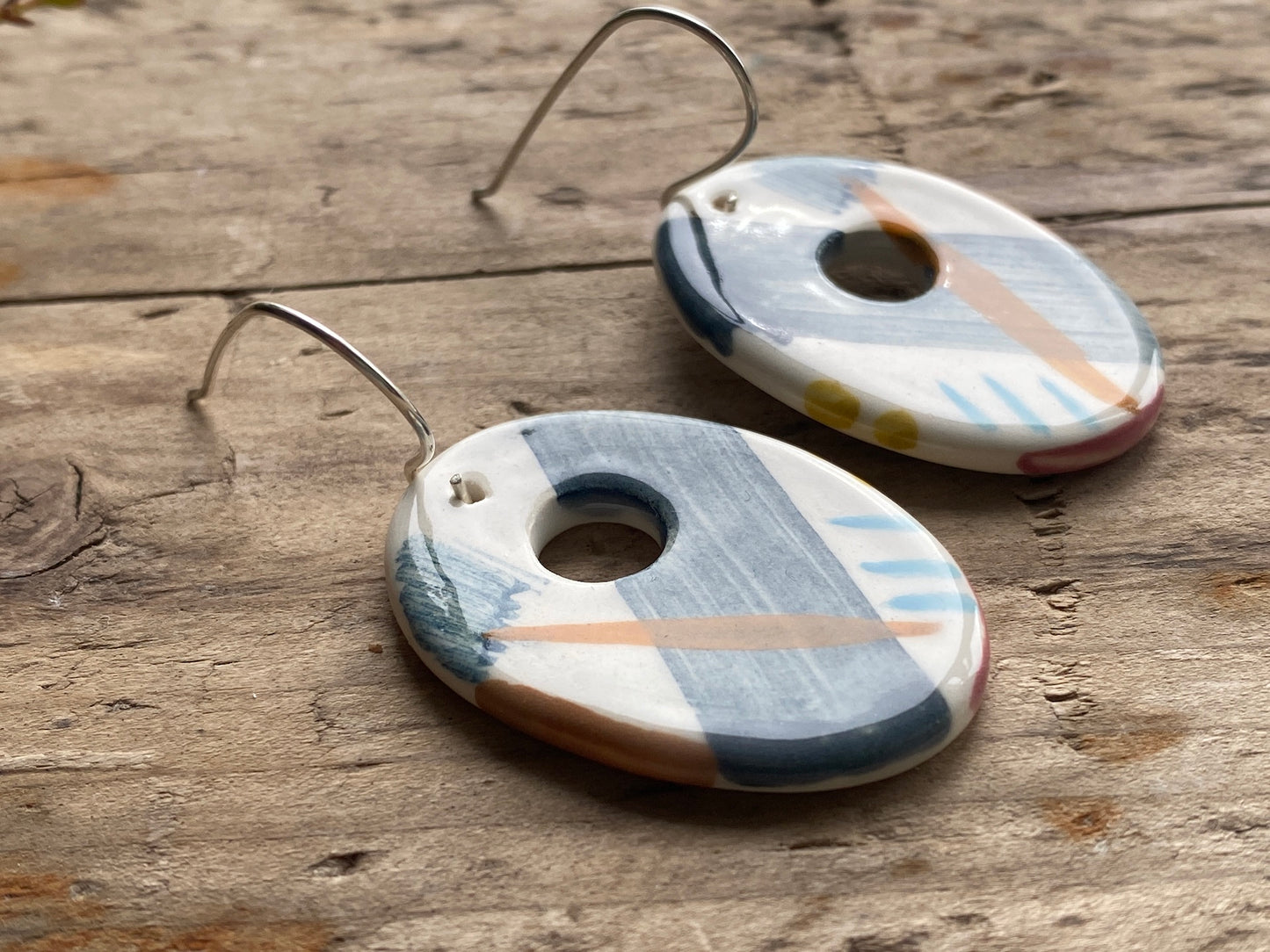 Handmade Ceramic Large Coastal and Sterling Silver Earrings