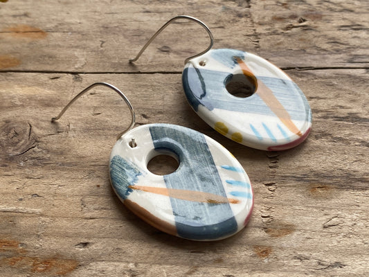 Handmade Ceramic Large Coastal and Sterling Silver Earrings