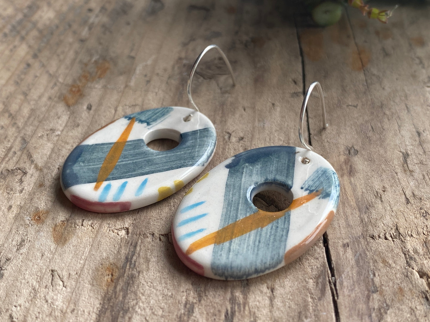 Handmade Ceramic Large Coastal and Sterling Silver Earrings