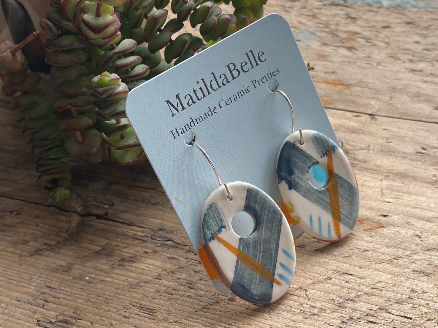 Handmade Ceramic Large Coastal and Sterling Silver Earrings