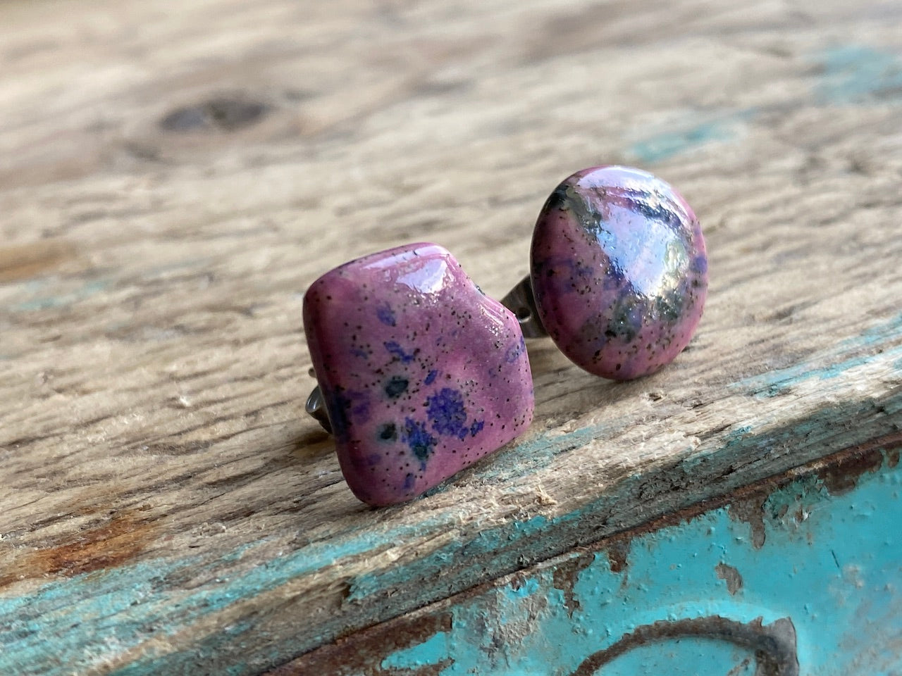 Handmade Mismatched Purple Ceramic Hypoallergenic Stud earrings P&P included