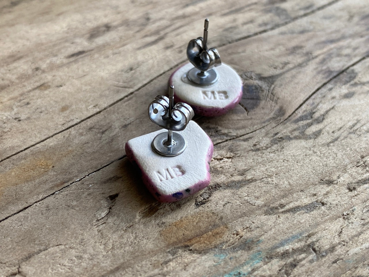 Handmade Mismatched Purple Ceramic Hypoallergenic Stud earrings P&P included