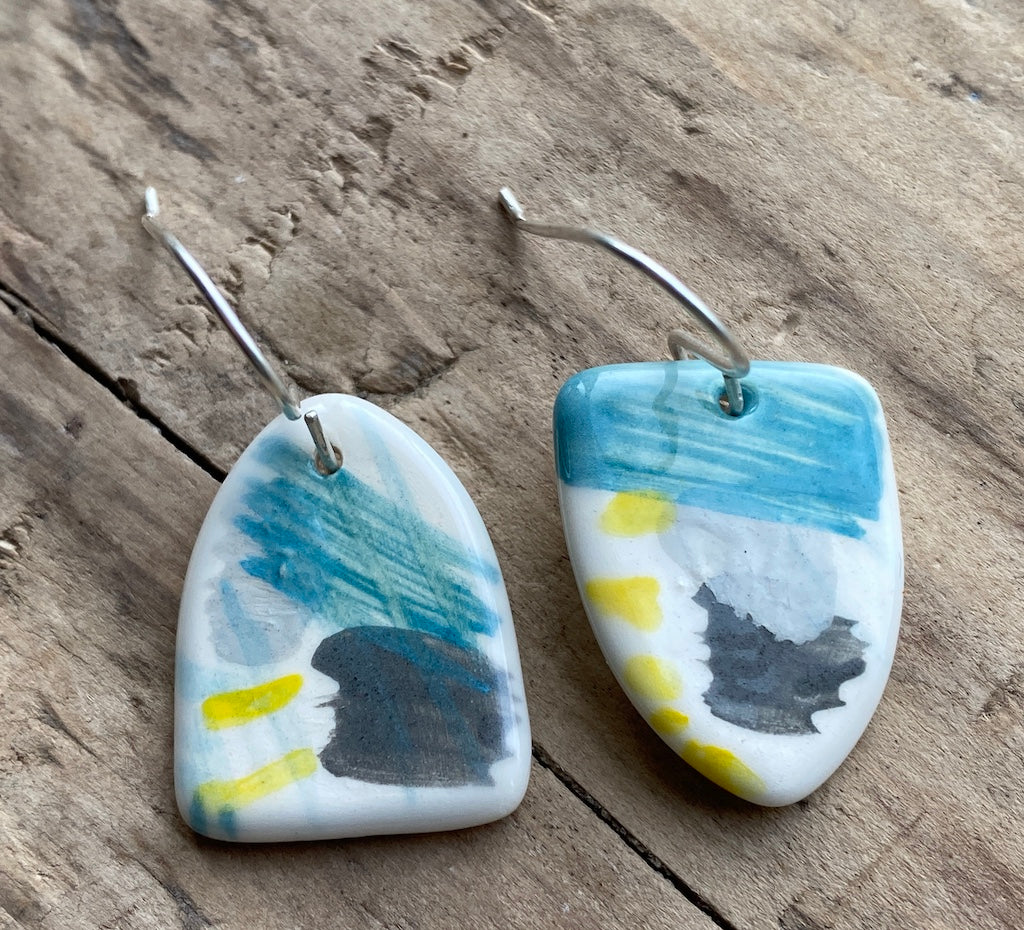 Handmade Ceramic Drop Earrings - Painterly Range, Earthenware Clay & Recycled Sterling Silver