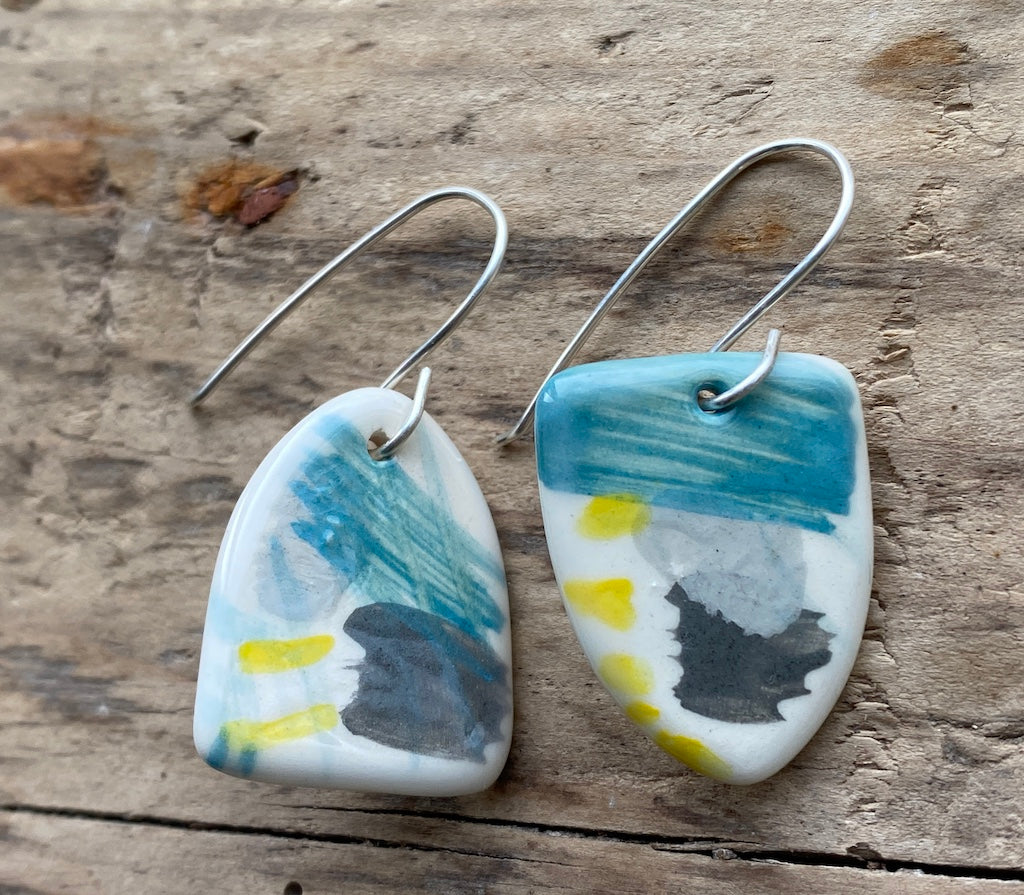 Handmade Ceramic Drop Earrings - Painterly Range, Earthenware Clay & Recycled Sterling Silver