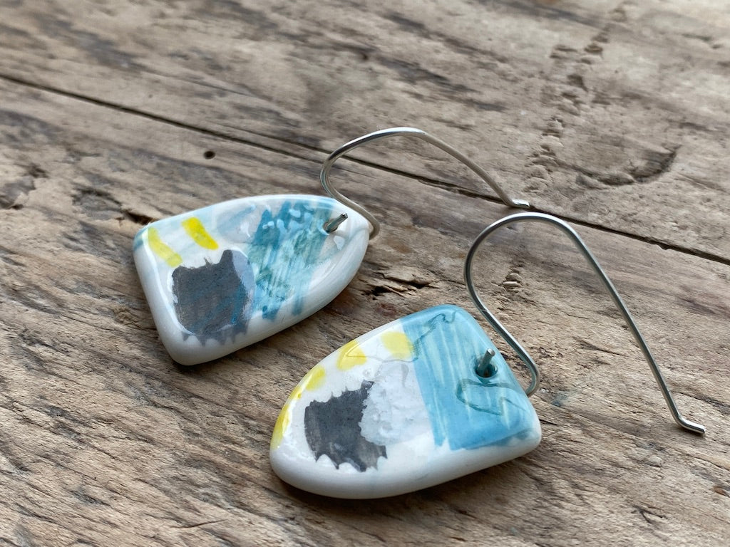 Handmade Ceramic Drop Earrings - Painterly Range, Earthenware Clay & Recycled Sterling Silver
