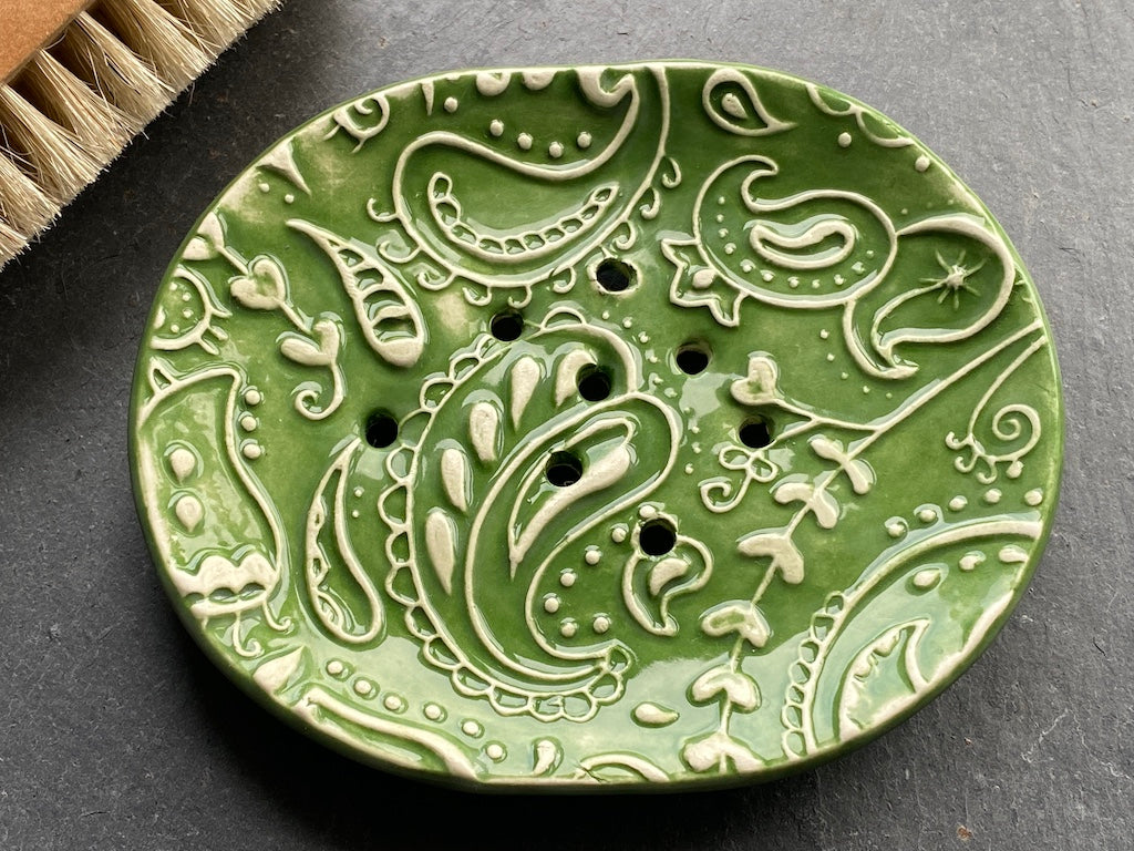 Handmade Ceramic Paisley Green Soap Dish