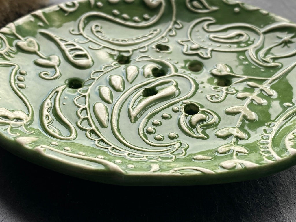 Handmade Ceramic Paisley Green Soap Dish