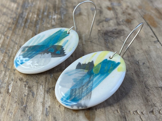 Handmade large Ceramic Coastal Dangly Earrings-sterling silver
