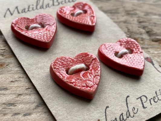 Set of Four handmade Ceramic Red Heart Buttons 18mm