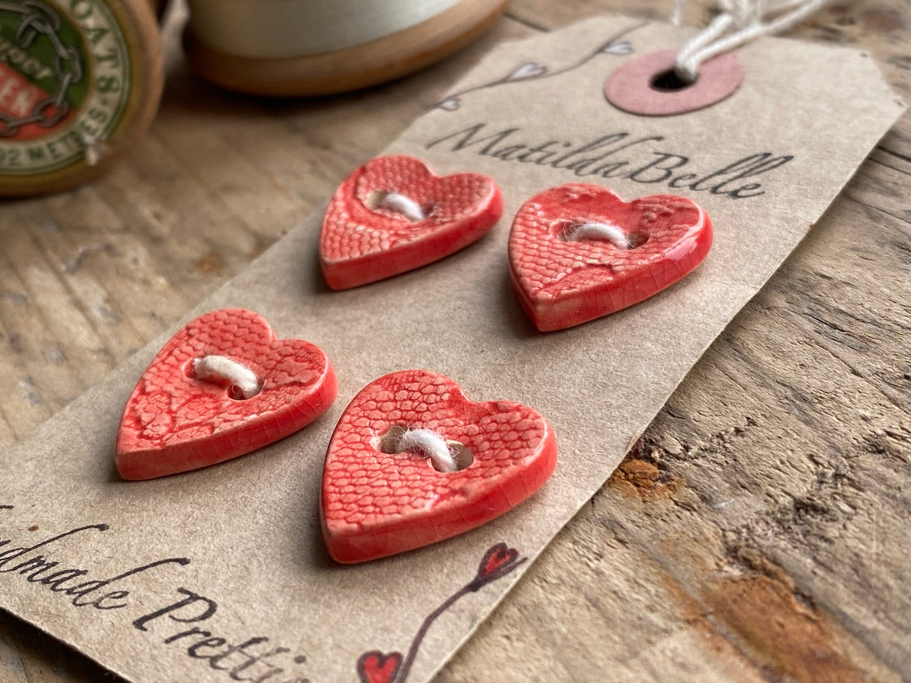 Set of Four handmade Ceramic Red Heart Buttons 18mm