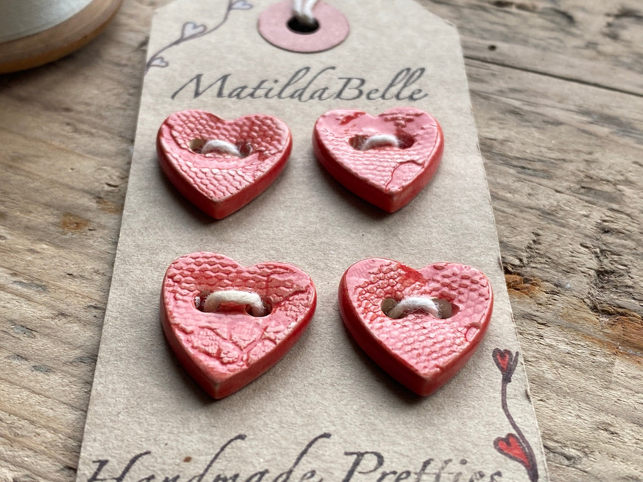 Set of Four handmade Ceramic Red Heart Buttons 18mm