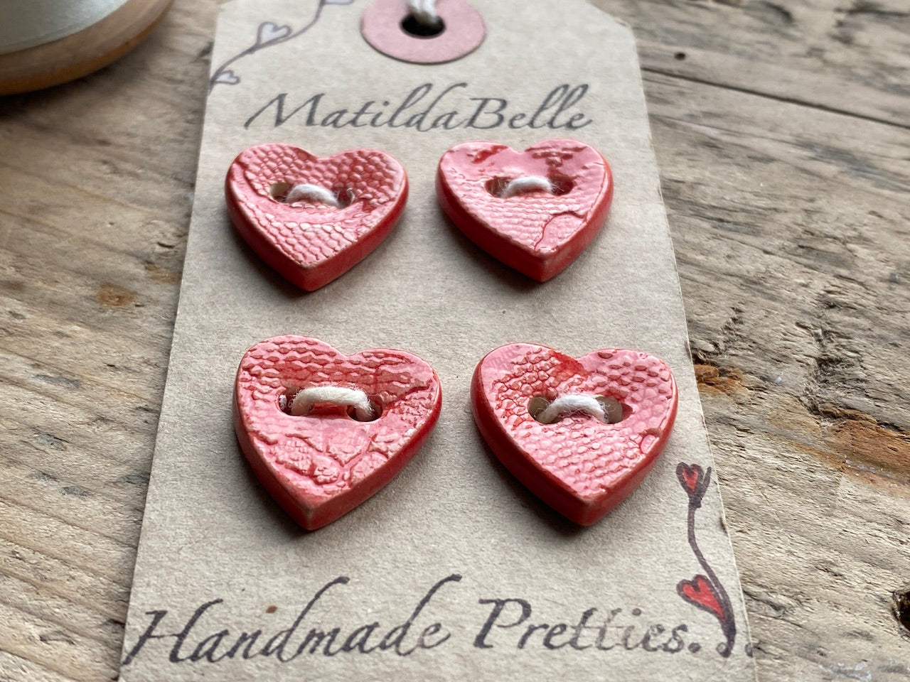 Set of Four handmade Ceramic Red Heart Buttons 18mm