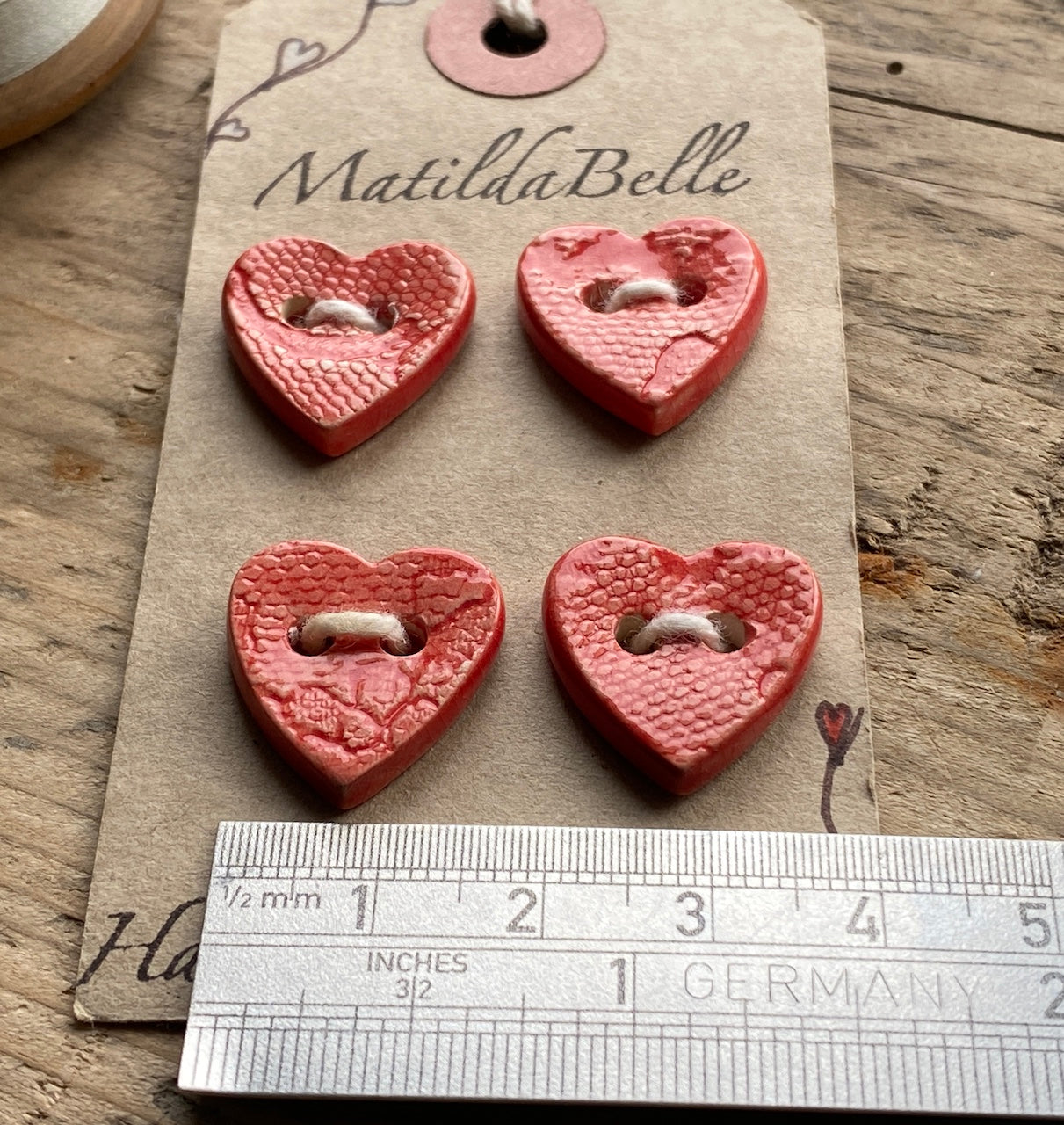 Set of Four handmade Ceramic Red Heart Buttons 18mm