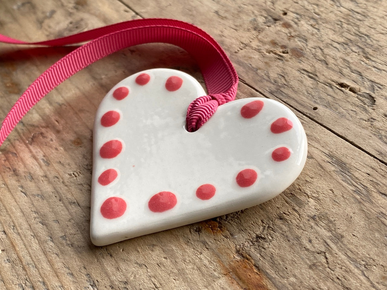 Sale Handmade Ceramic Pretty Polka Dot Pink Heart Hanging