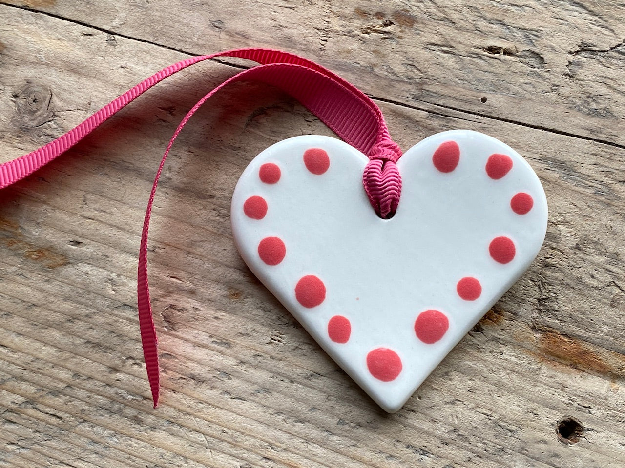 Sale Handmade Ceramic Pretty Polka Dot Pink Heart Hanging