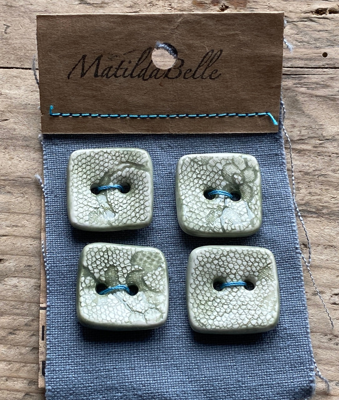 Set of Four handmade Ceramic Green Square Buttons 20mm