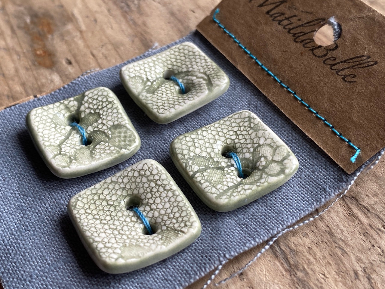Set of Four handmade Ceramic Green Square Buttons 20mm