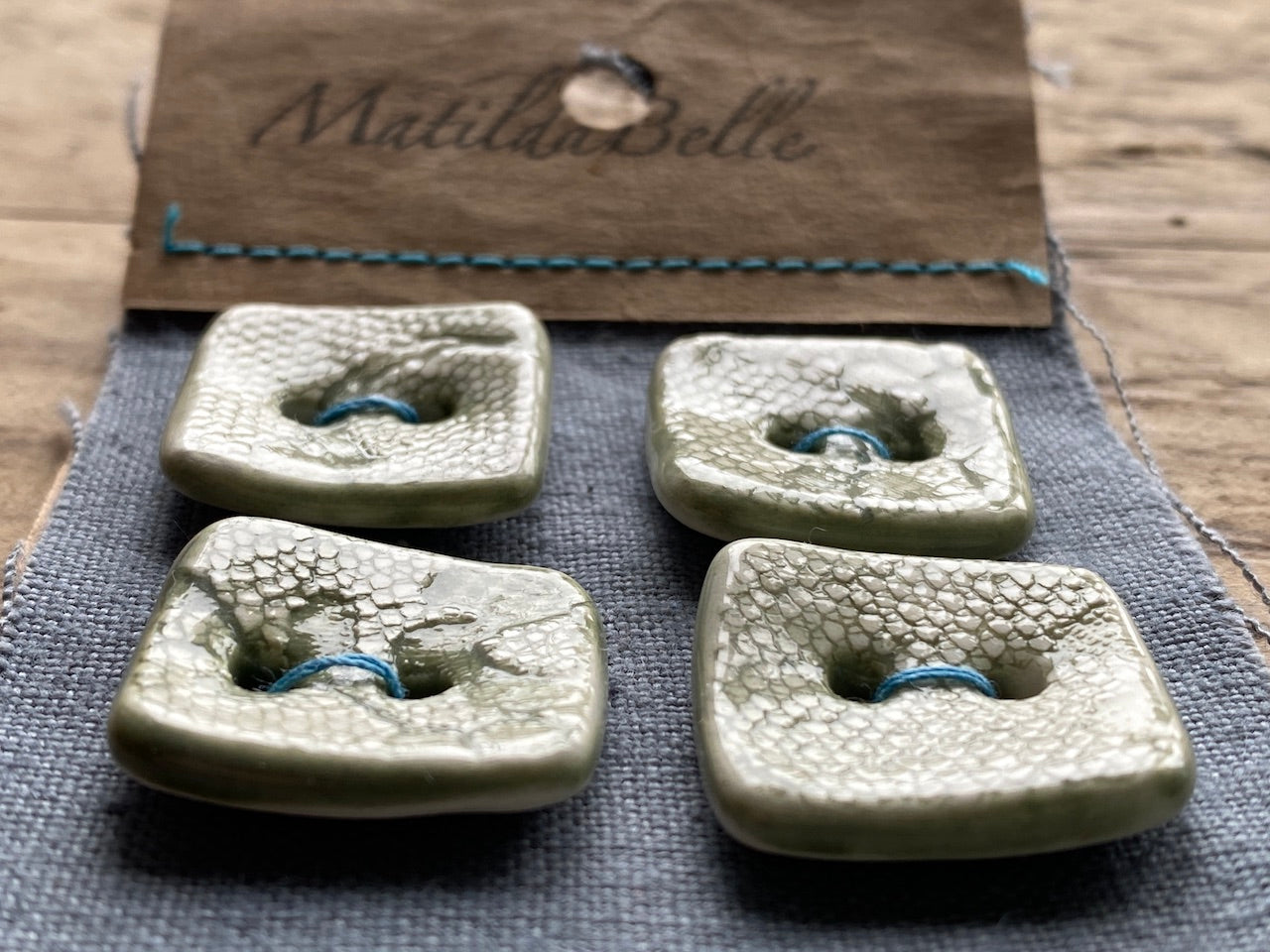 Set of Four handmade Ceramic Green Square Buttons 20mm