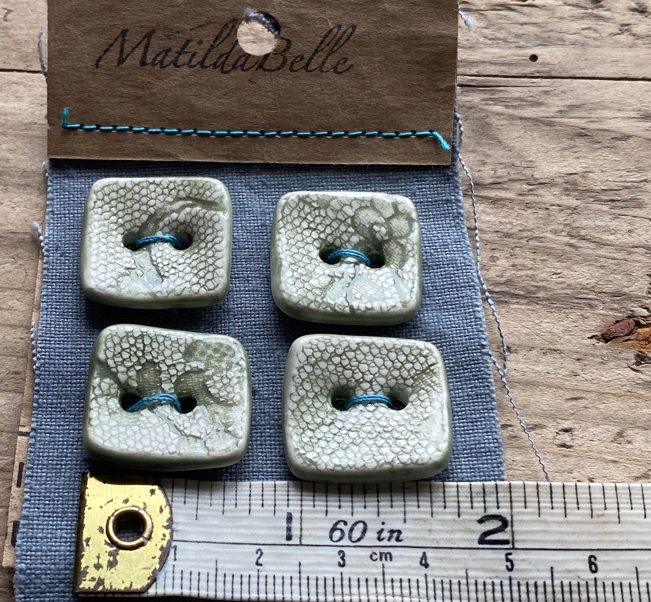 Set of Four handmade Ceramic Green Square Buttons 20mm