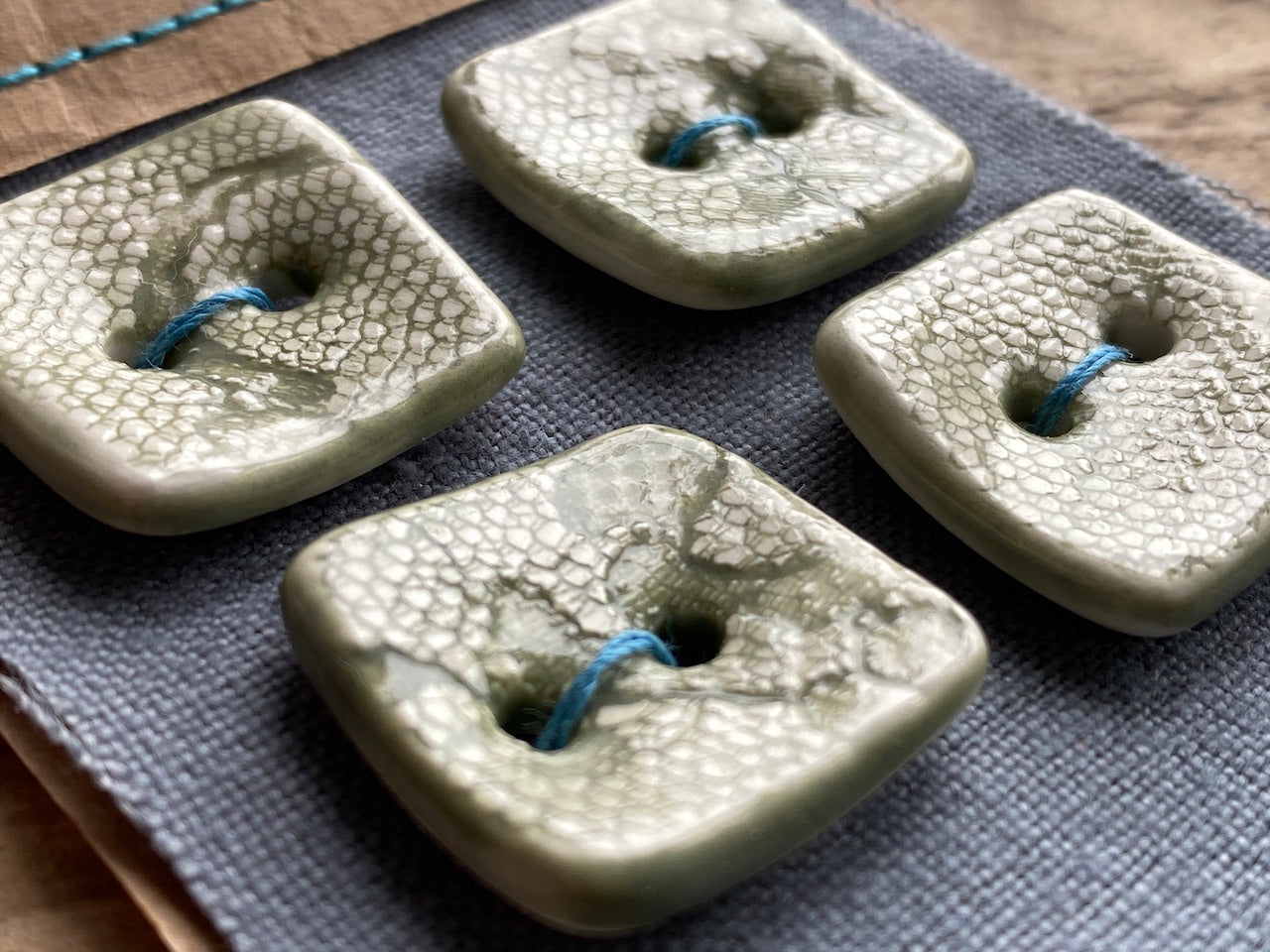 Set of Four handmade Ceramic Green Square Buttons 20mm