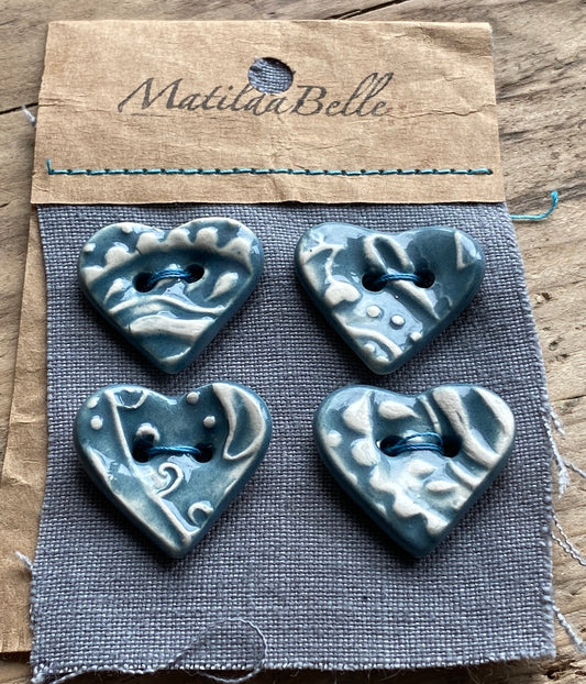 Set of 4 Handmade Ceramic Heart Buttons in Paisley 23mm