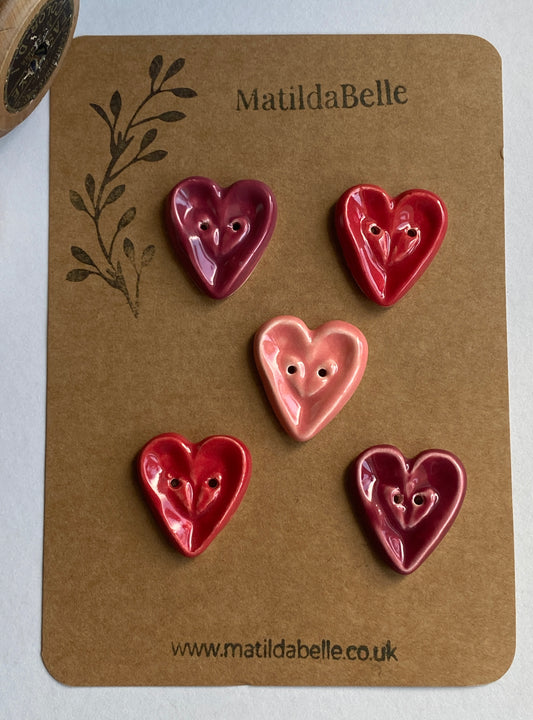 26mm Set of 5 Large Heart Buttons 26mm- Red, Wine and Pink
