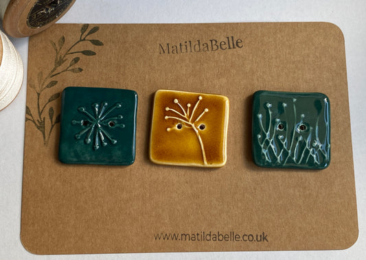 35mm Set of 3 Square Botanical Clay Buttons mixed colours- 35mm  -