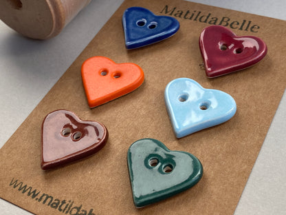 Buttons set of six Hearts 24mm handmade ceramic buttons mixed colours