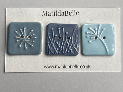 35mm Set of 3 Square Botanical Clay Buttons Blues - 35mm  -