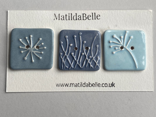 35mm Set of 3 Square Botanical Clay Buttons Blues - 35mm  -