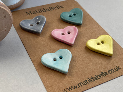 Buttons set of six Hearts 24mm handmade ceramic buttons mixed colours