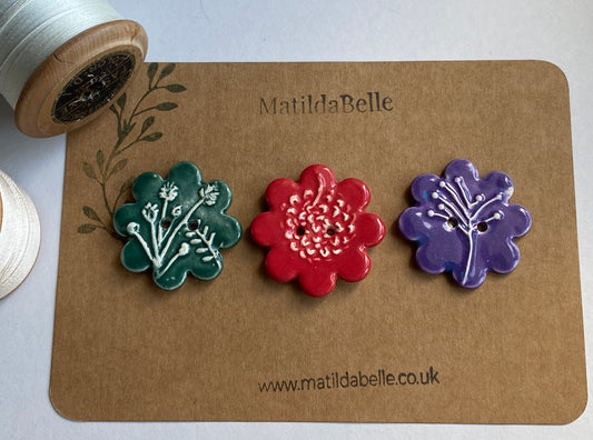 37mm Buttons set of 3 Large Botanical Flower Handmade Ceramic Buttons