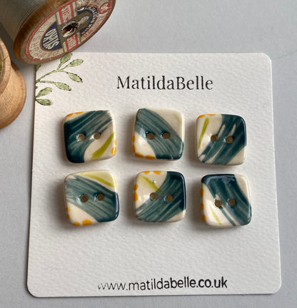 20mm set of Six square handmade Buttons Teal