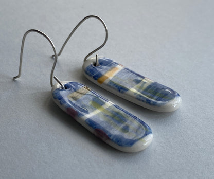 Ceramic painterly Dangle Earrings - Blues - Hung on handmade silver wires