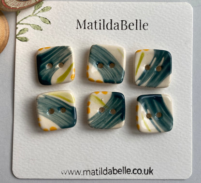 20mm set of Six square handmade Buttons Teal