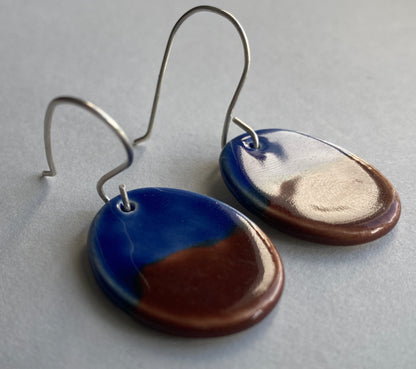 Ceramic Oval Dangle Earrings - Navy Blue and Chocolate