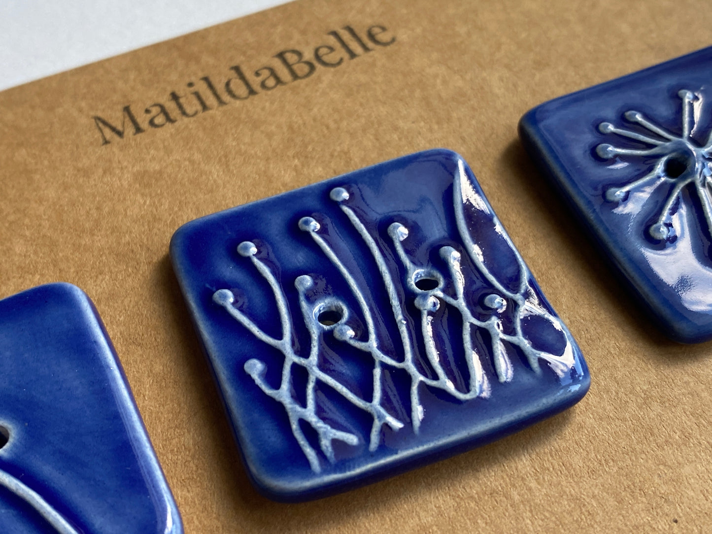 35mm Set of 3 Square Botanical Clay Buttons Navy Blue- 35mm  -