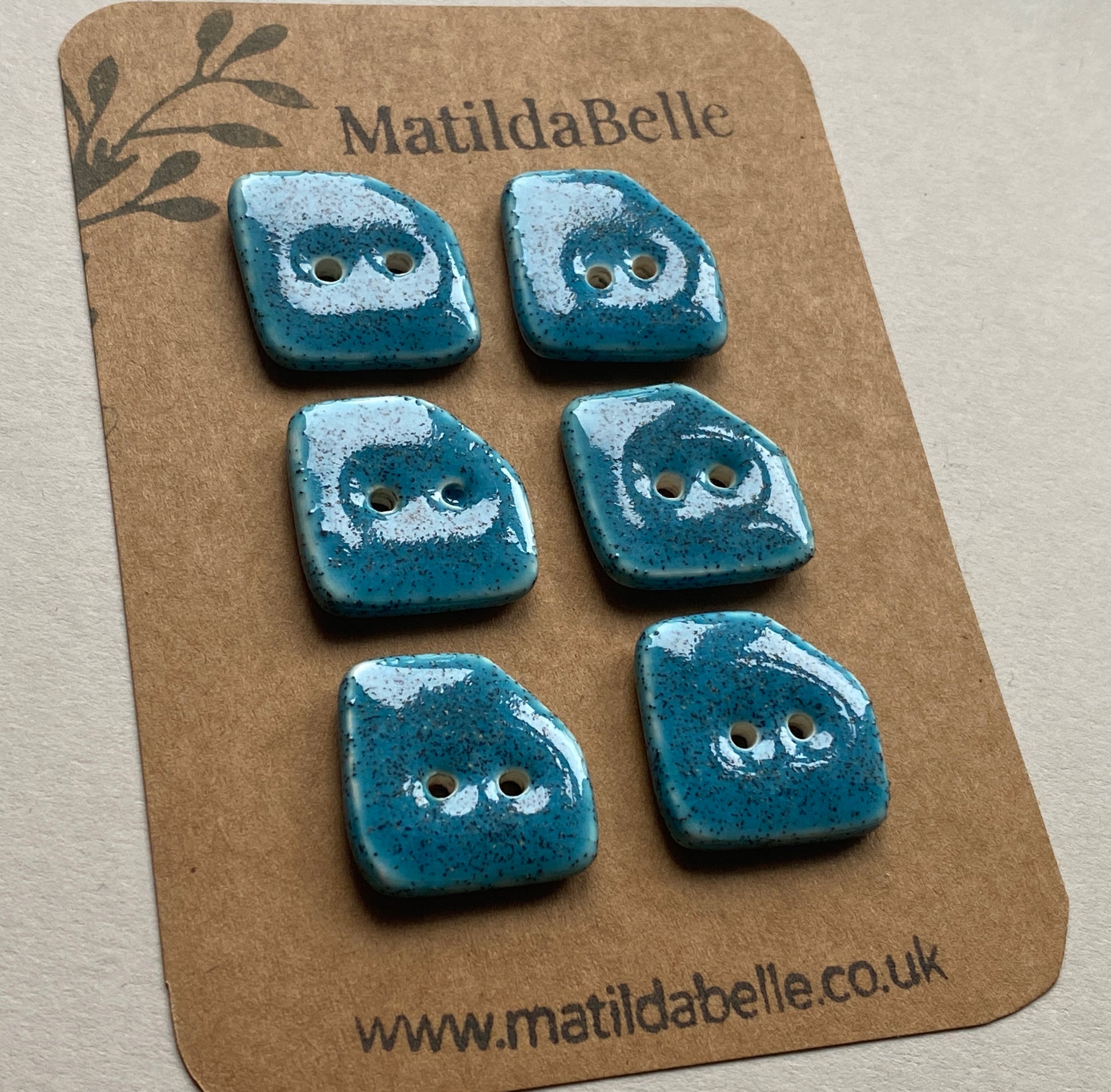 Set of 6 handmade ceramic buttons. Square bright blue 20mm 
