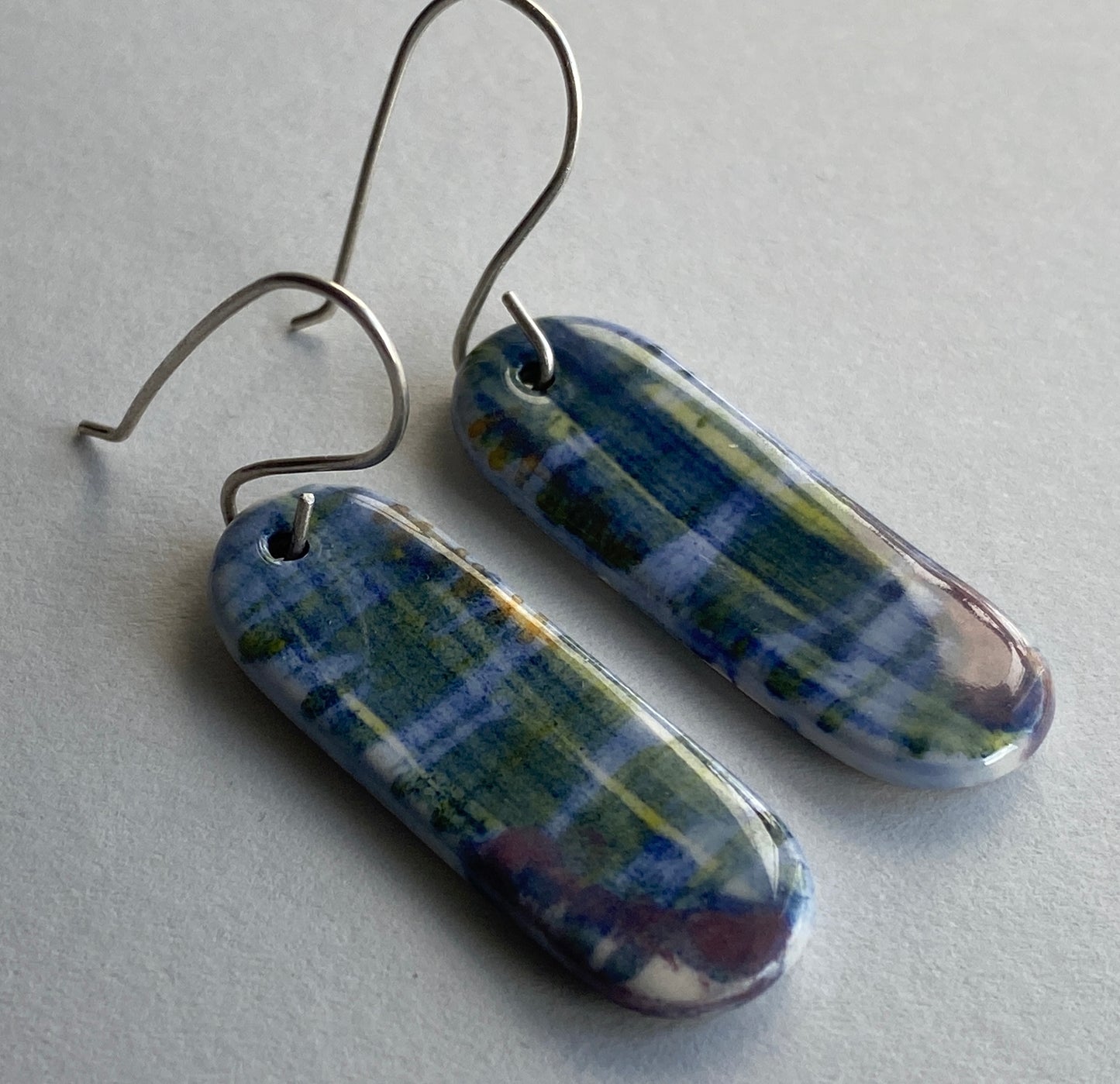 Ceramic painterly Dangle Earrings - Blues - Hung on handmade silver wires