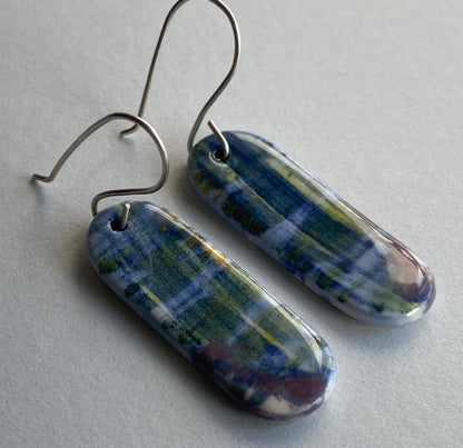Ceramic painterly Dangle Earrings - Blues - Hung on handmade silver wires