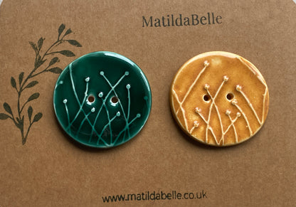 Large Pair of Botanical Handmade Buttons 46mm Green and Honey