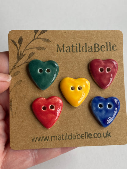 Handmade Ceramic Heart Button 20mm , Mixed Set of 5