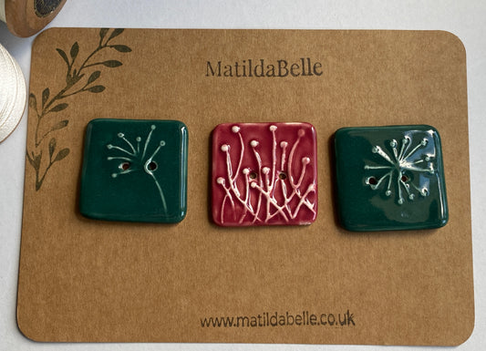 35mm Set of 3 Square Botanical Clay Buttons Green and Wine- 35mm  -