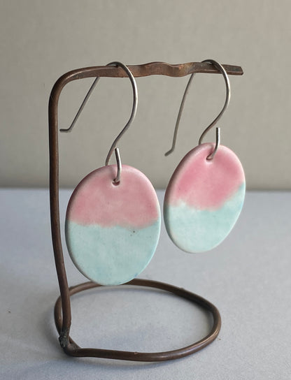 Ceramic Oval Dangle Earrings - Pink and Turquoise
