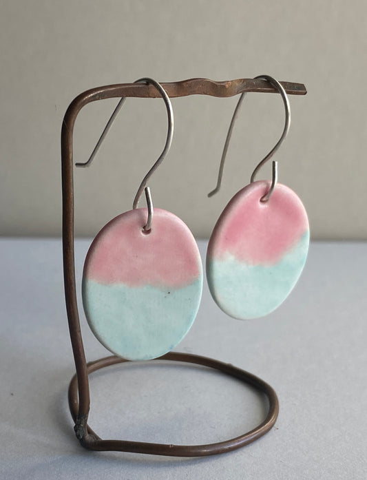 Ceramic Oval Dangle Earrings - Pink and Turquoise