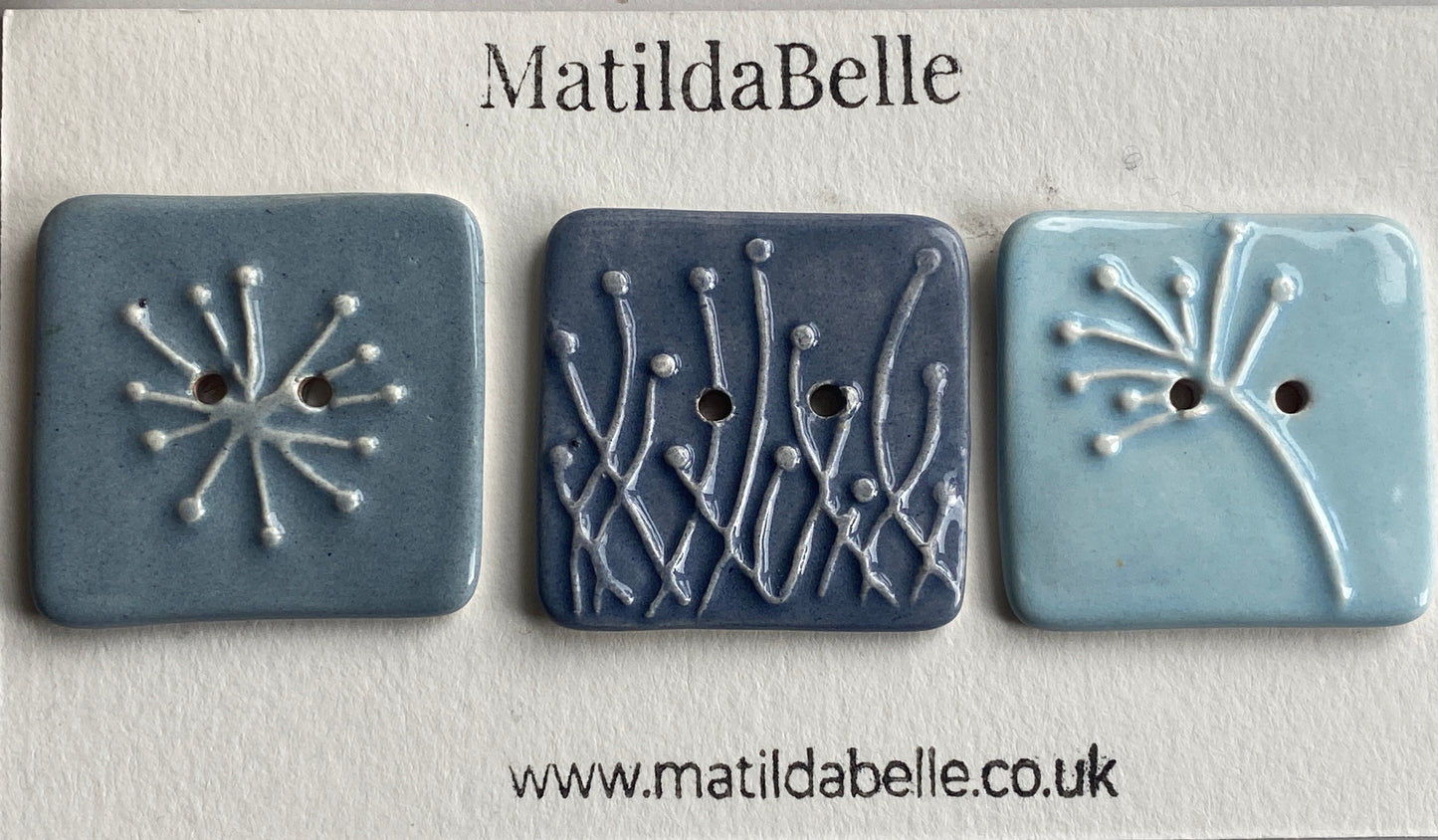 35mm Set of 3 Square Botanical Clay Buttons Blues - 35mm  -