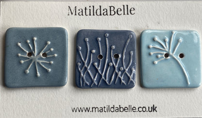 35mm Set of 3 Square Botanical Clay Buttons Blues - 35mm  -