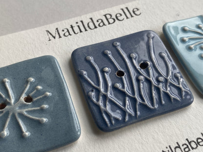 35mm Set of 3 Square Botanical Clay Buttons Blues - 35mm  -