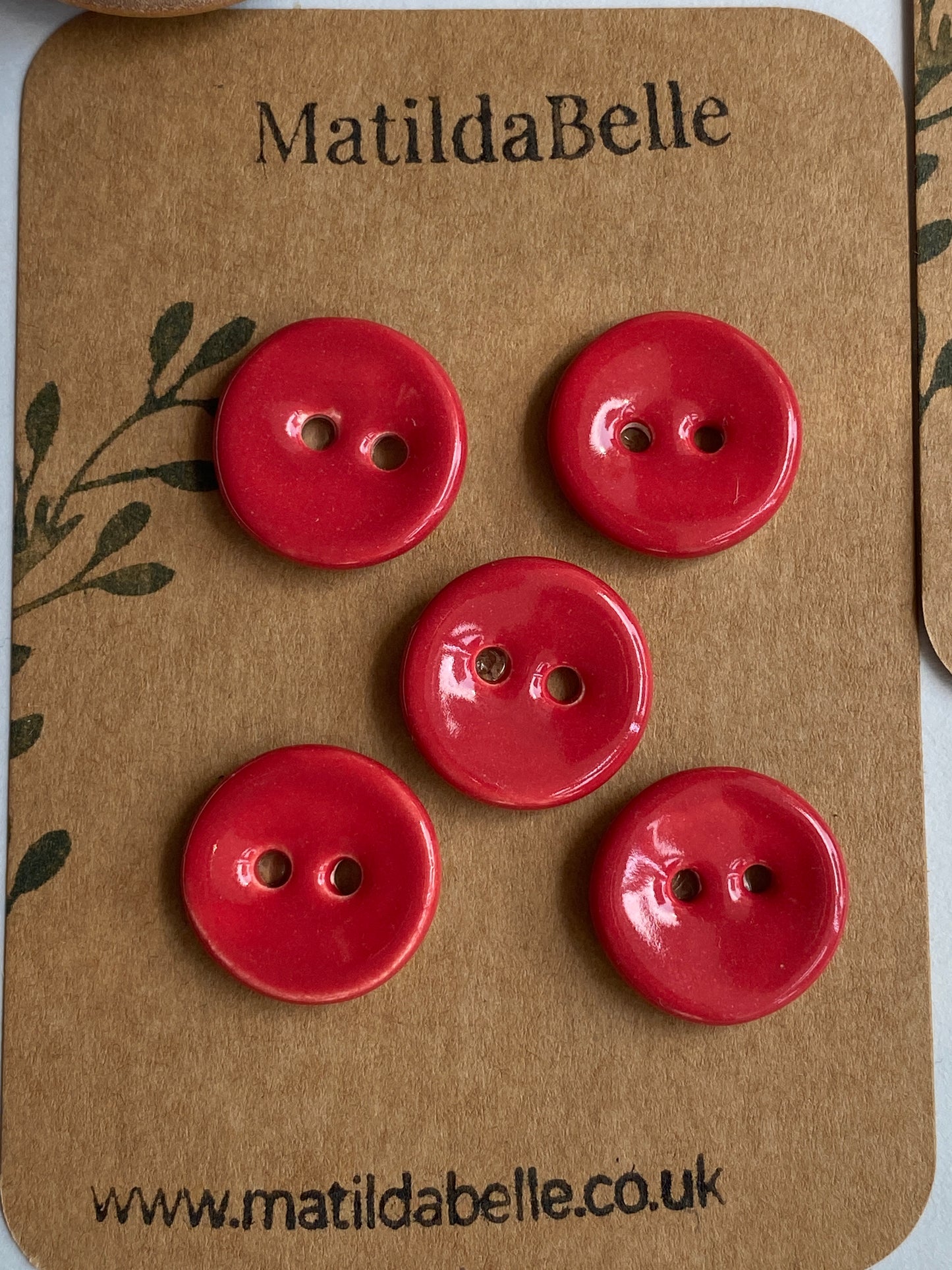 Buttons set of 5 Red Round 20mm Handmade Ceramic Buttons, choice of buttonhole size