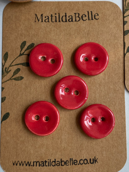 Buttons set of 5 Red Round 20mm Handmade Ceramic Buttons, choice of buttonhole size